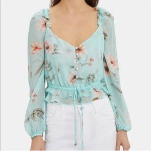 INTERMIX silk blue top with floral poppy print, size US 2